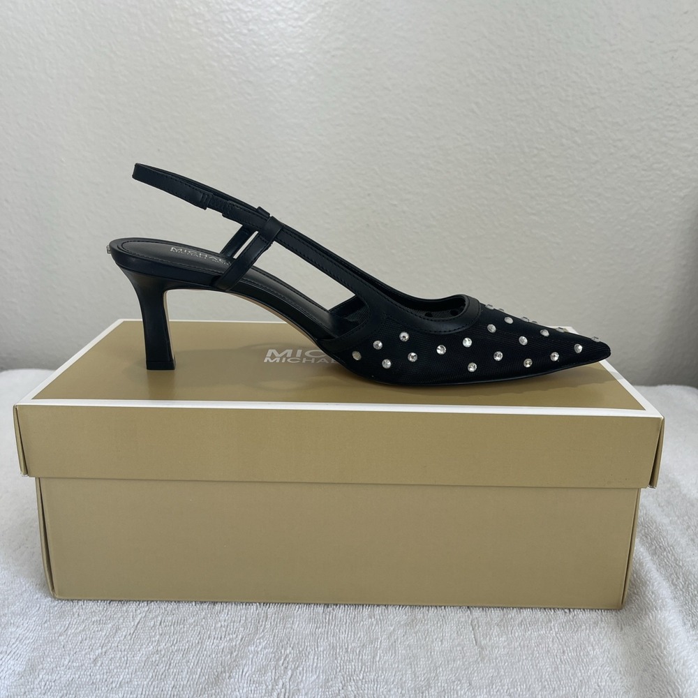 Michael Kors Alora Crystal Embellished Mesh Slingback Pump In Black Sz 7.5